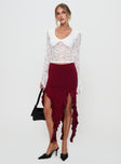   front view of model wearing Princess Polly Peachey Asymmetric Ruffle Midi Skirt Burgundy Midi Skirts 