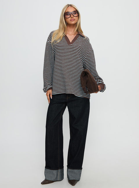 front view of model wearing Princess Polly Rigbys Collared Jumper Brown / Blue Stripe Longline Jumpers 