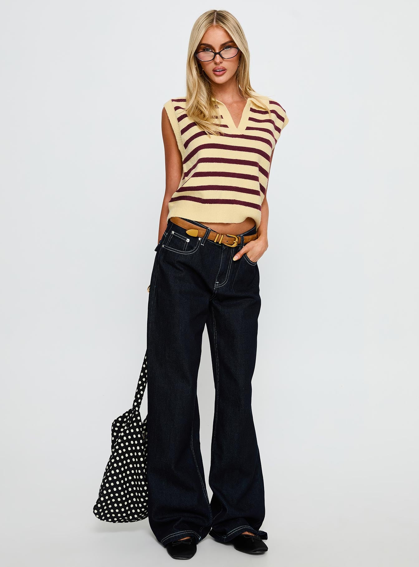 Yuliya Collared Sleeveless Top Lemon / Burgundy Stripe | Princess