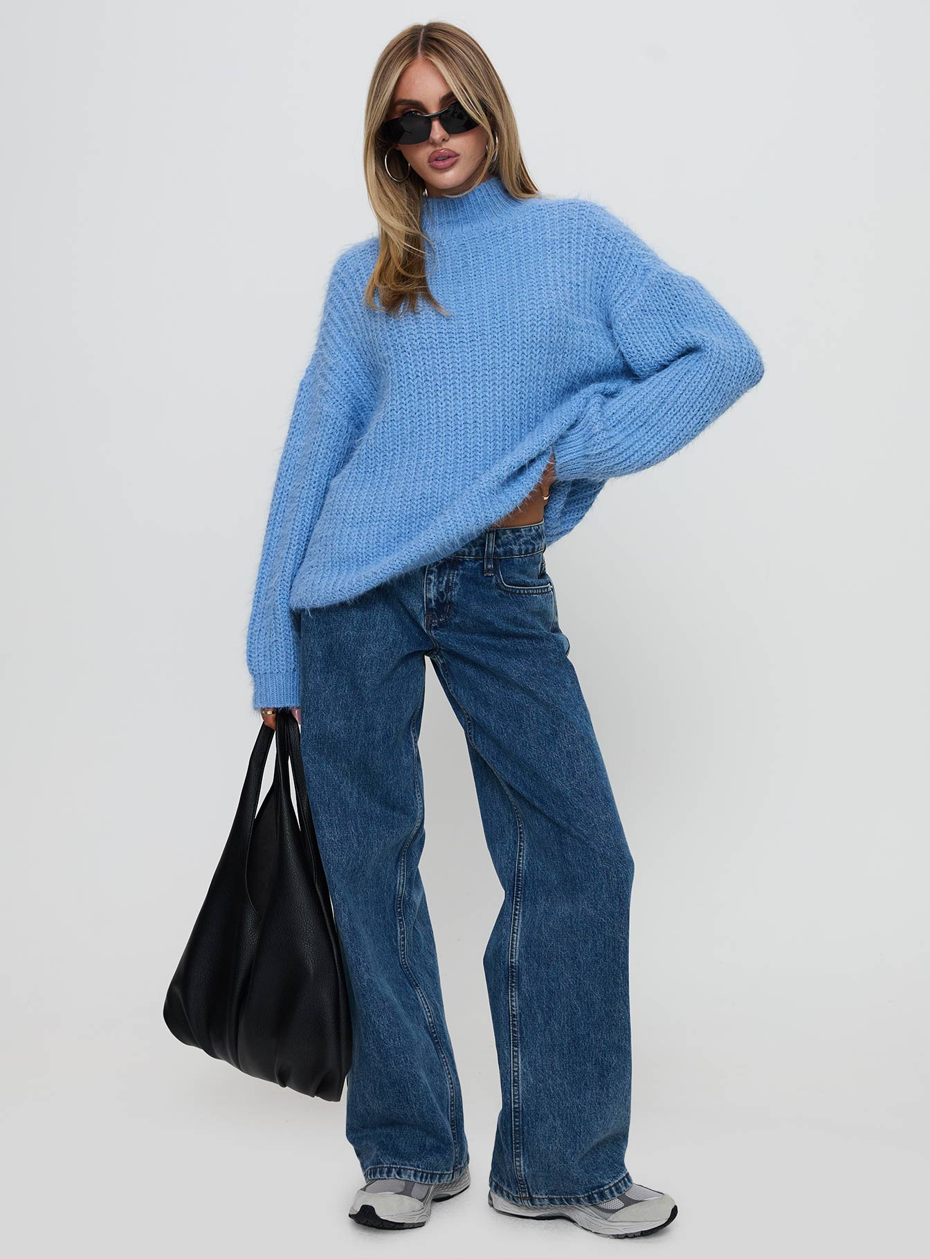 front view of model wearing Princess Polly Gavelston Crew Neck Waffle Sweater Blue Long 