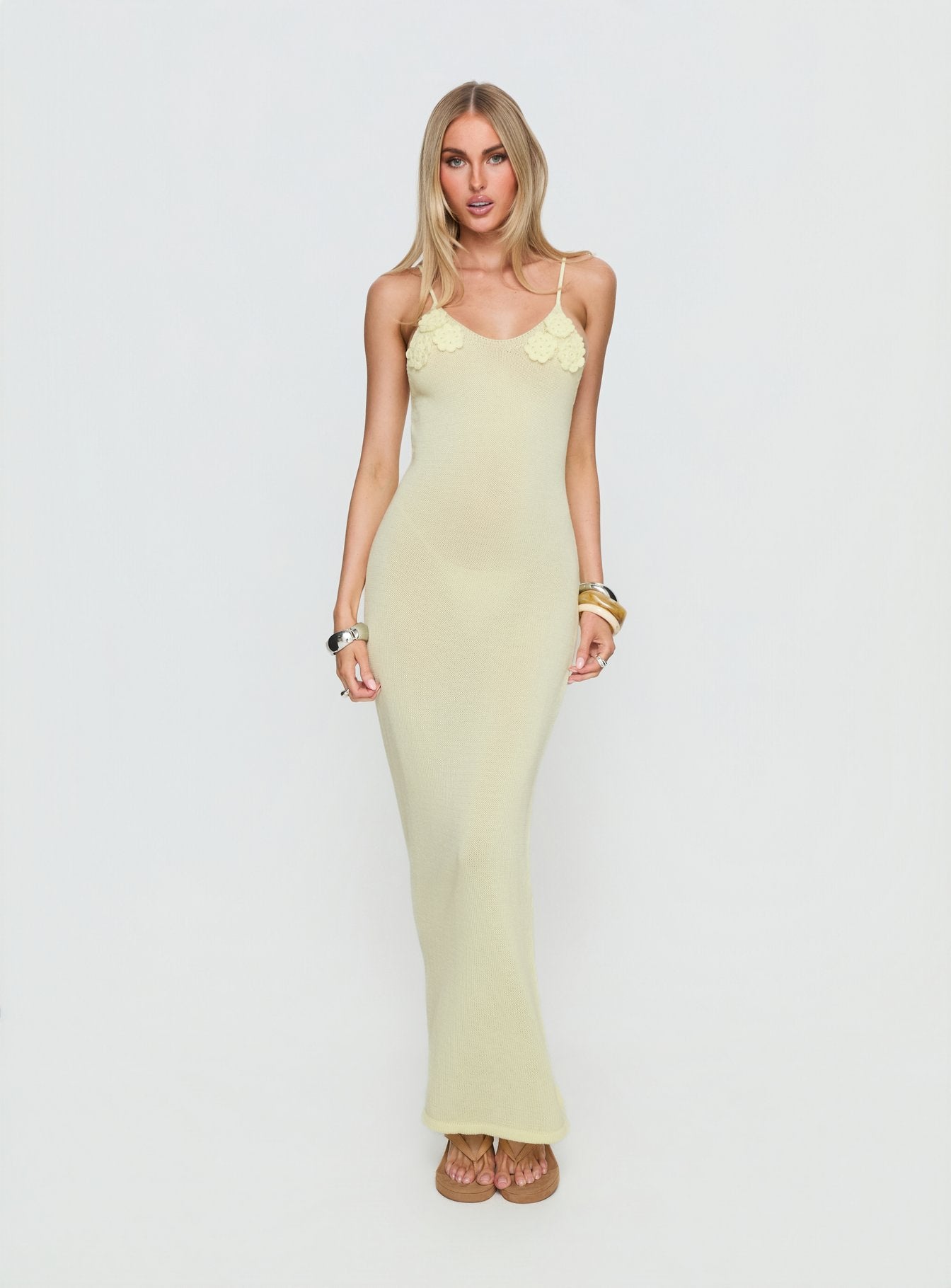 Cinderella Knit Floral Detail Maxi Dress Lemon Yellow