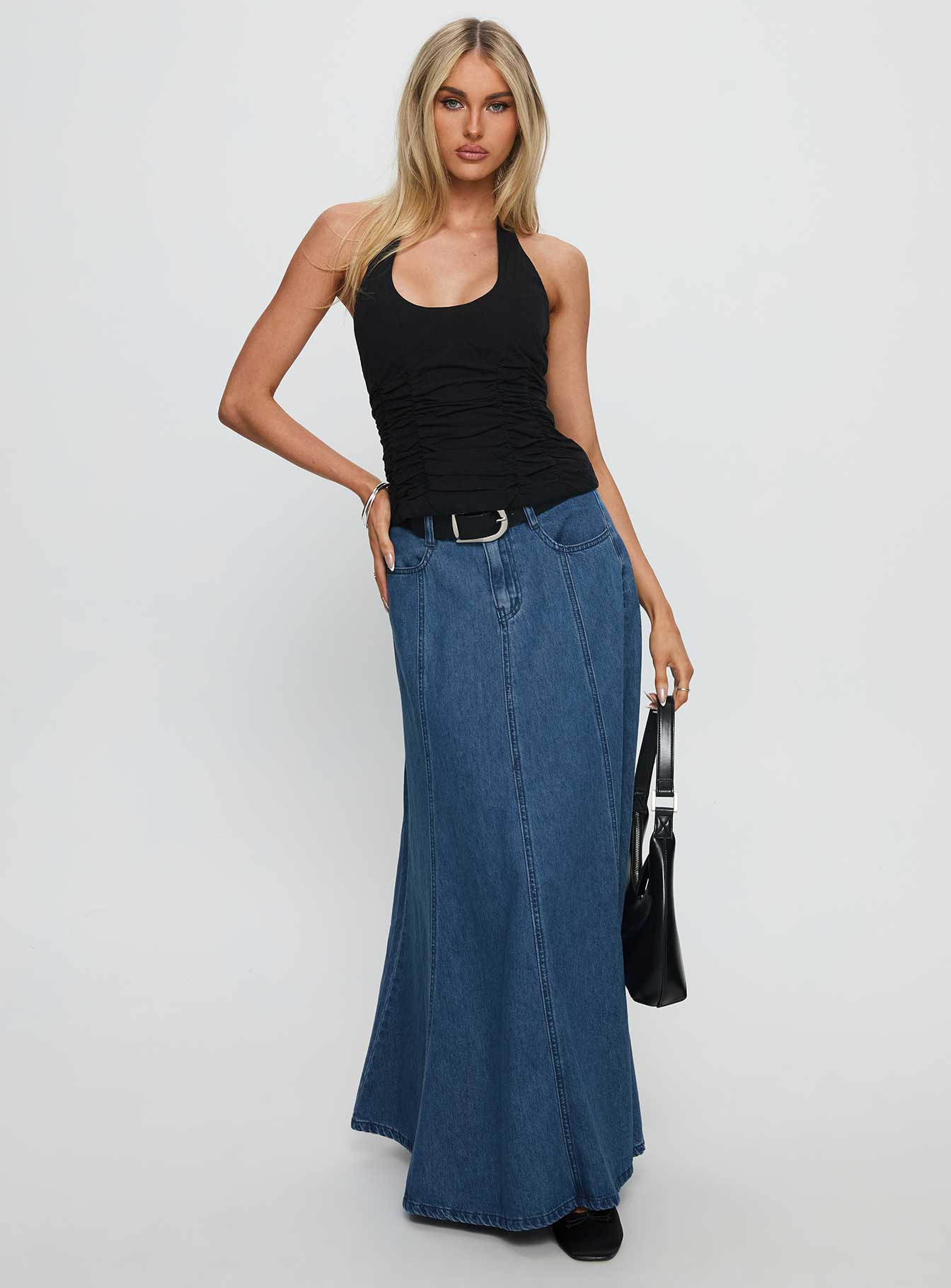 Charleigh Soft Pleat Denim Maxi Skirt Mid Blue Wash | Princess Polly