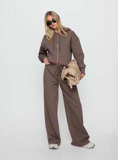 side view of model wearing Princess Polly All Day Straight Leg Sweatpants Mocha Mid Rise Pants 