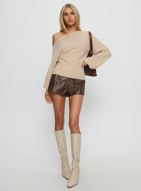 front view of model wearing Princess Polly Jackeline Off Shoulder Rib Jumper Cream 