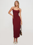 front view of model wearing Princess Polly Elestria Maxi Dress Burgundy Scoop Neck 