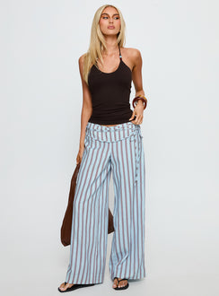 front view of model wearing Princess Polly Silver Moon Linen Blend Tie Pants Blue / Maroon Stripe Mid Rise Pants 