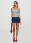 front view of model wearing Princess Polly Kerr Lace Top Blue Sleeveless Sweetheart 