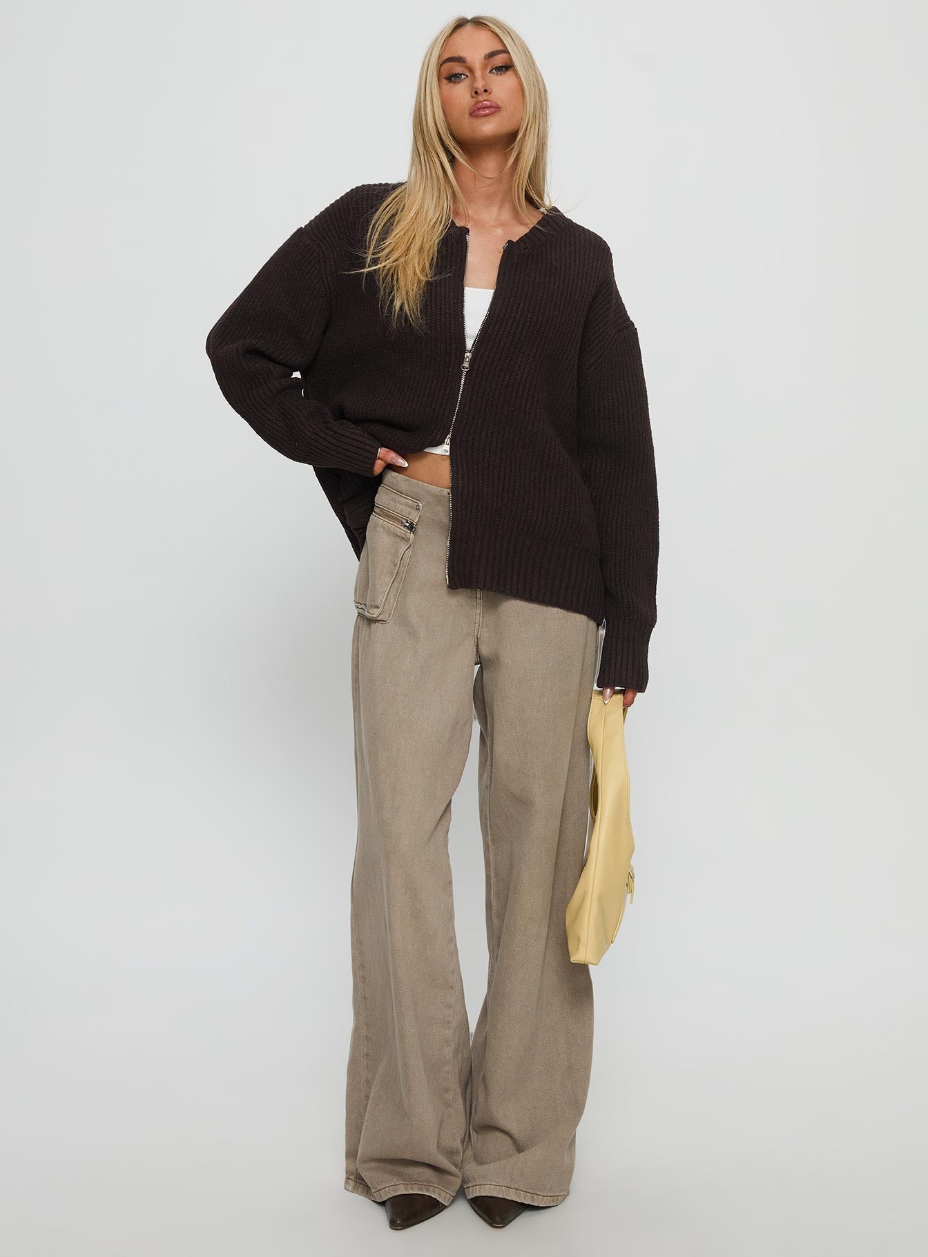 Lexene Zip Through Jumper Chocolate | Princess Polly