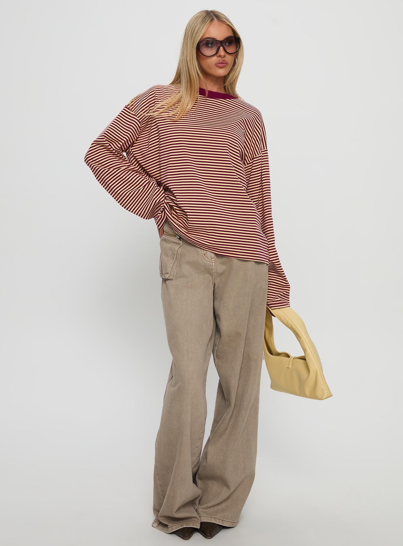 Settle Down Long Sleeve Top Lemon / Burgundy Stripe