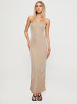 front view of model wearing Princess Polly Samper Strapless Maxi Dress Champagne Straight Neck 