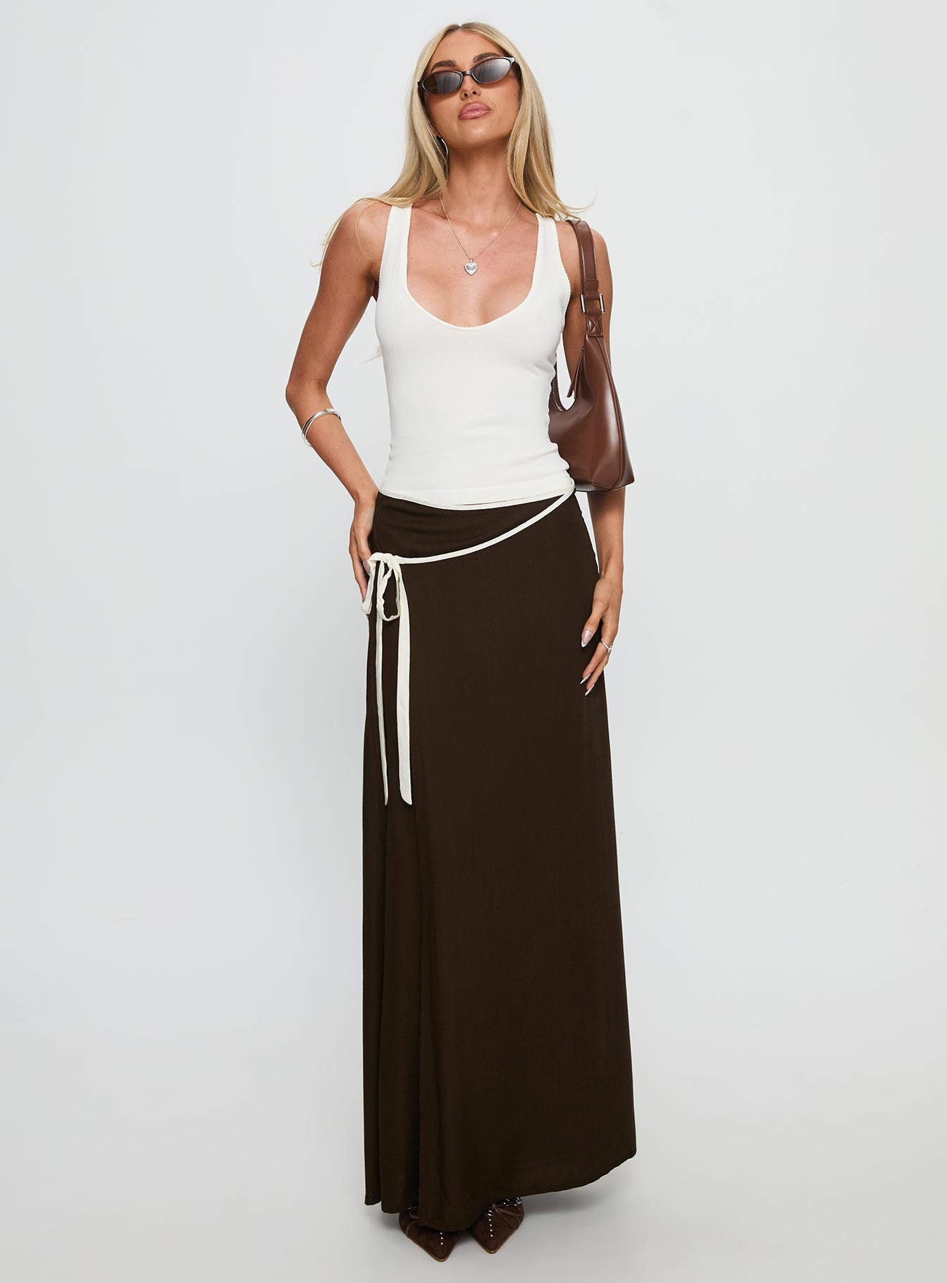  front view of model wearing Princess Polly Keirah Contrast Wrap Maxi Skirt Chocolate / White Maxi 