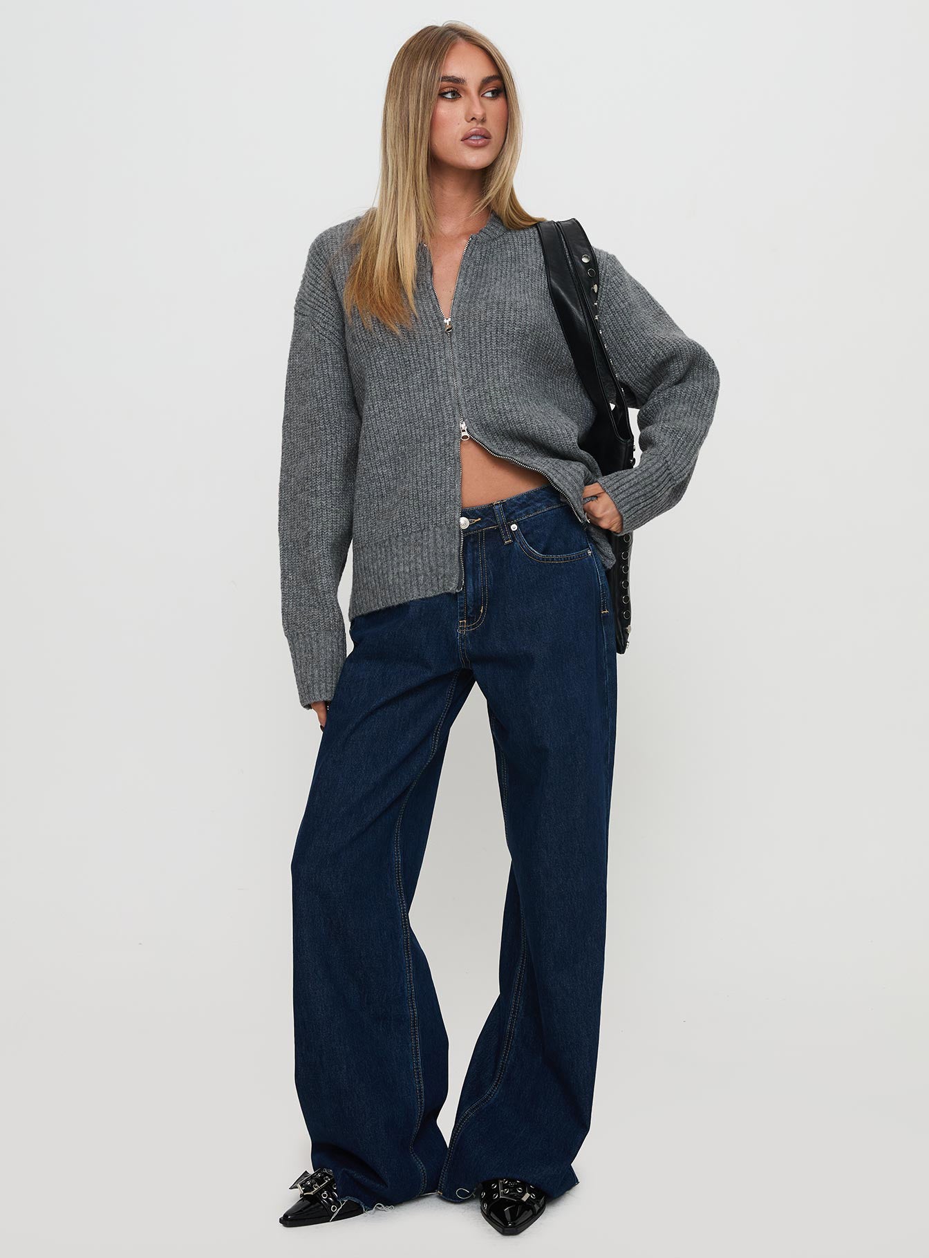 front view of model wearing Princess Polly Lexene Zip Through Jumper Grey Long 