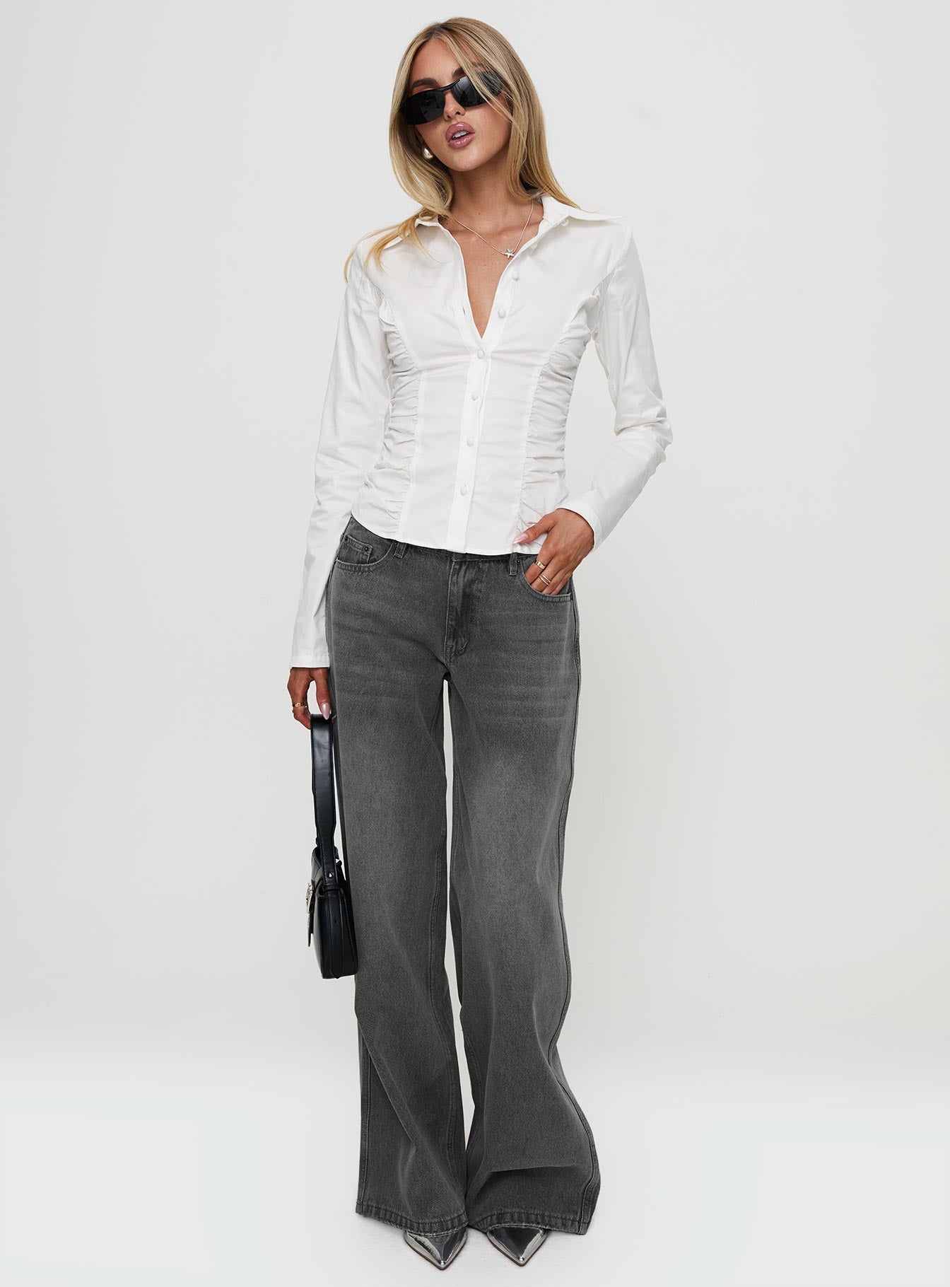 front view of model wearing Princess Polly Stand Up Guy Long Sleeved Ruched Detail Top White Full Sleeves V-Neck 