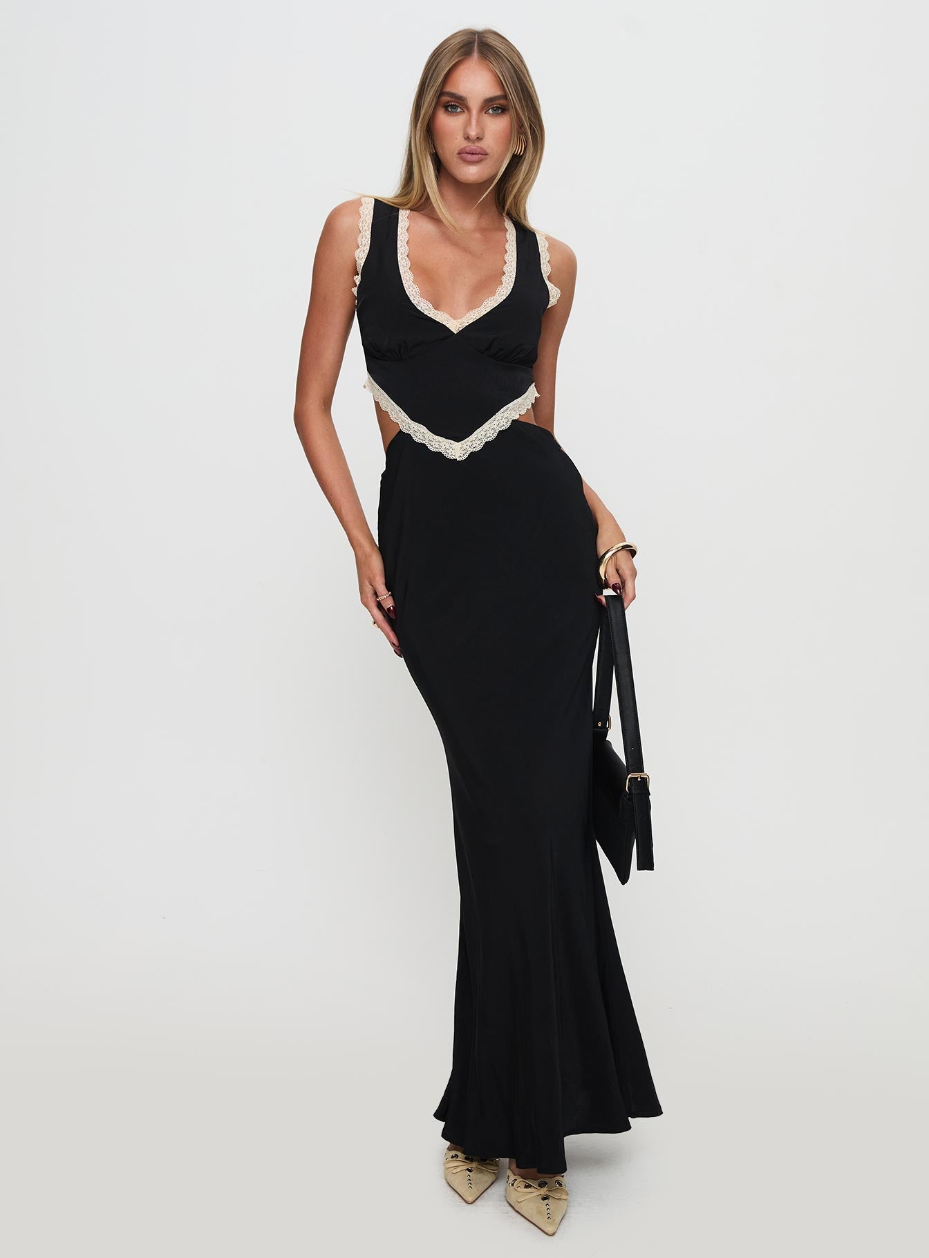 cream maxi dress with black trim Vero Moda contrast trim cami maxi dress in cream and black