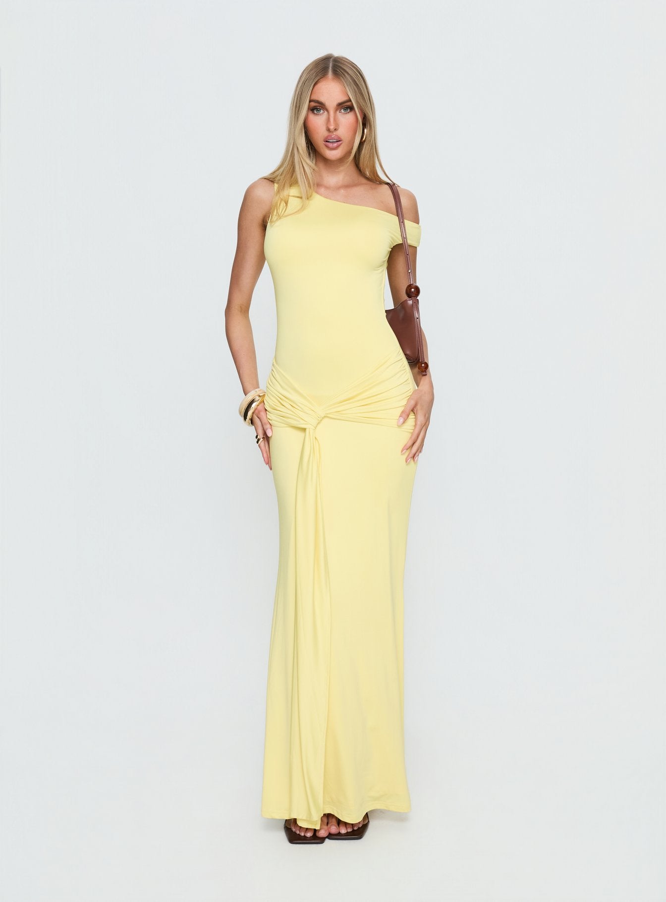 Get Lucky Drape One Shoulder Maxi Dress Lemon Yellow | Princess Polly