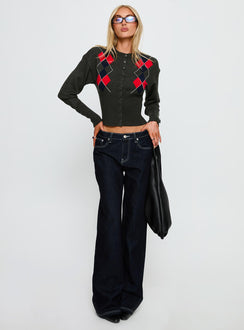 front view of model wearing Princess Polly Head In The Clouds Knit Cardigan Grey Argyle cropped 