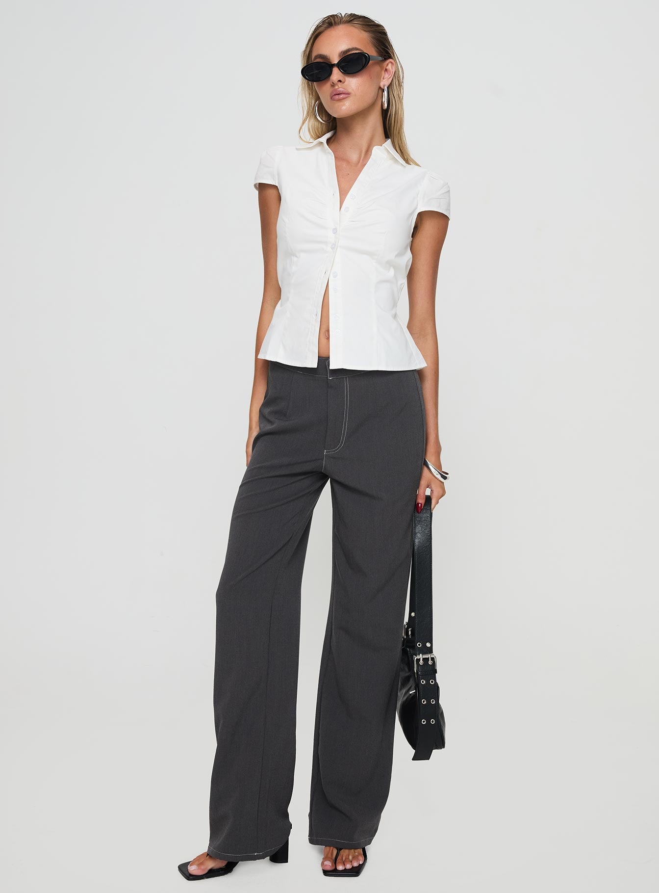 front view of model wearing Princess Polly Vacke Pants Grey Mid Rise 