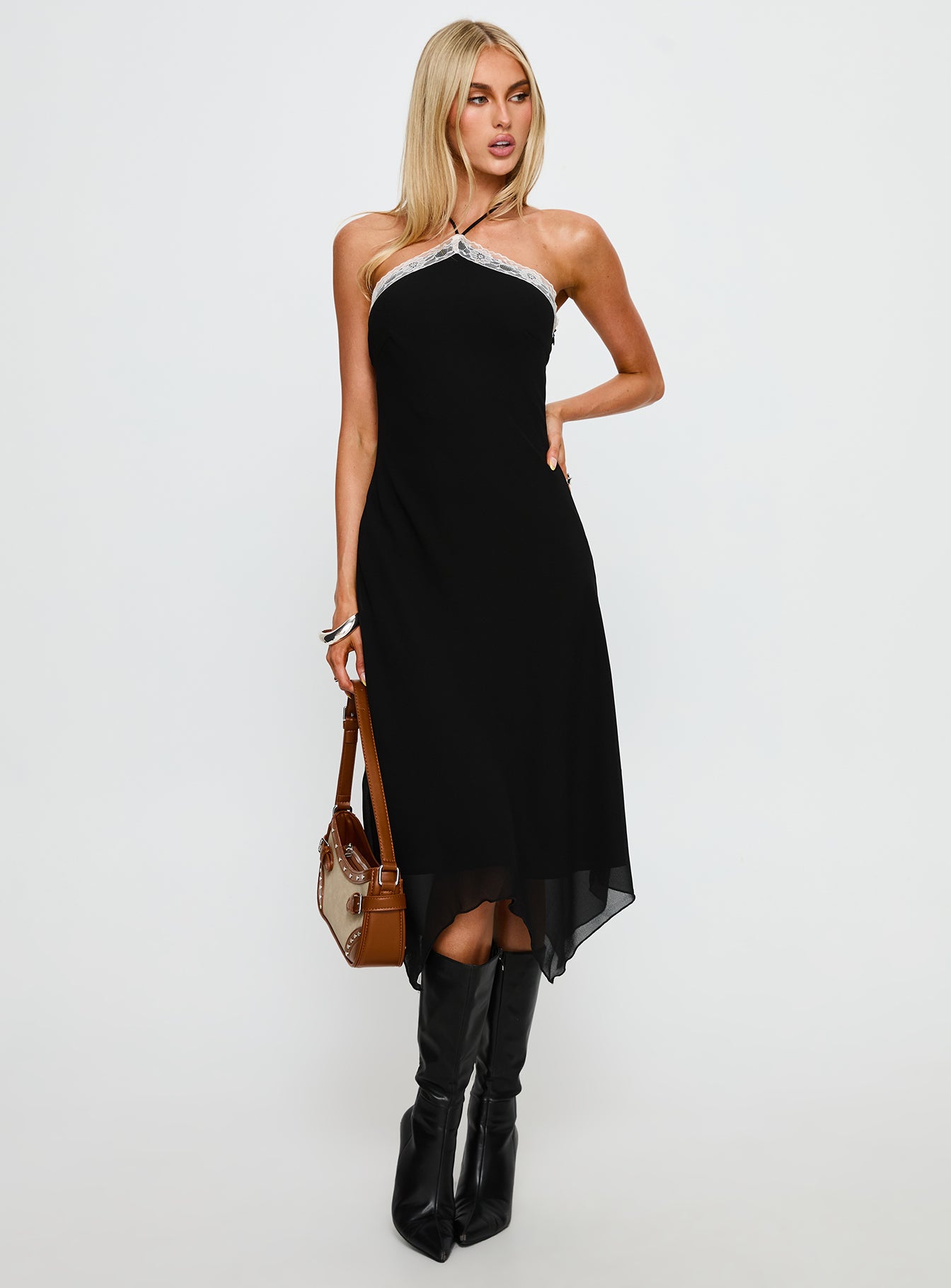 Naila Halter Lace Trim Maxi Dress Black | Princess Polly
