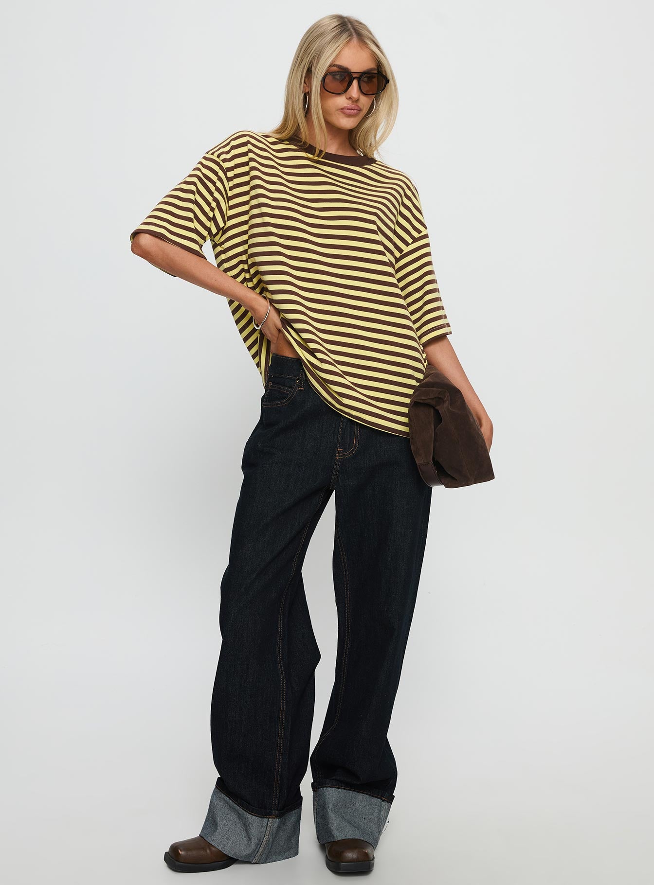 Settle Down Short Sleeve Top Yellow / Brown Stripe