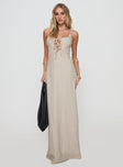 side view of model wearing Princess Polly Seraphia Maxi Dress Beige Sweetheart Neckline 