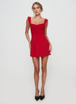 front view of model wearing Princess Polly Landon Mini Dress Red Petite Sweetheart Neckline 