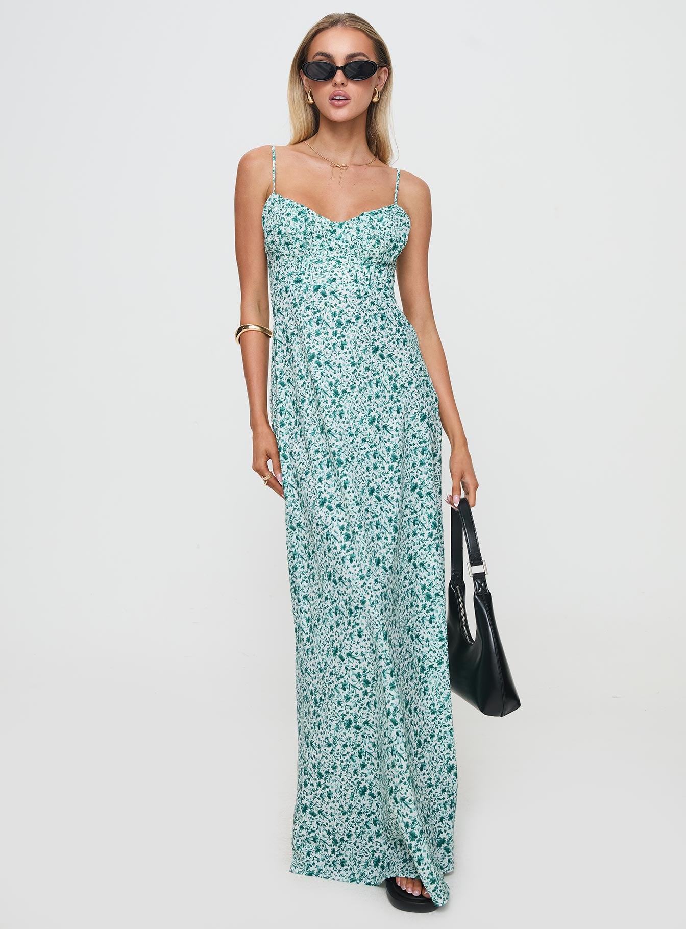 front view of model wearing Princess Polly Easten Maxi Dress Green Sweetheart Neckline 