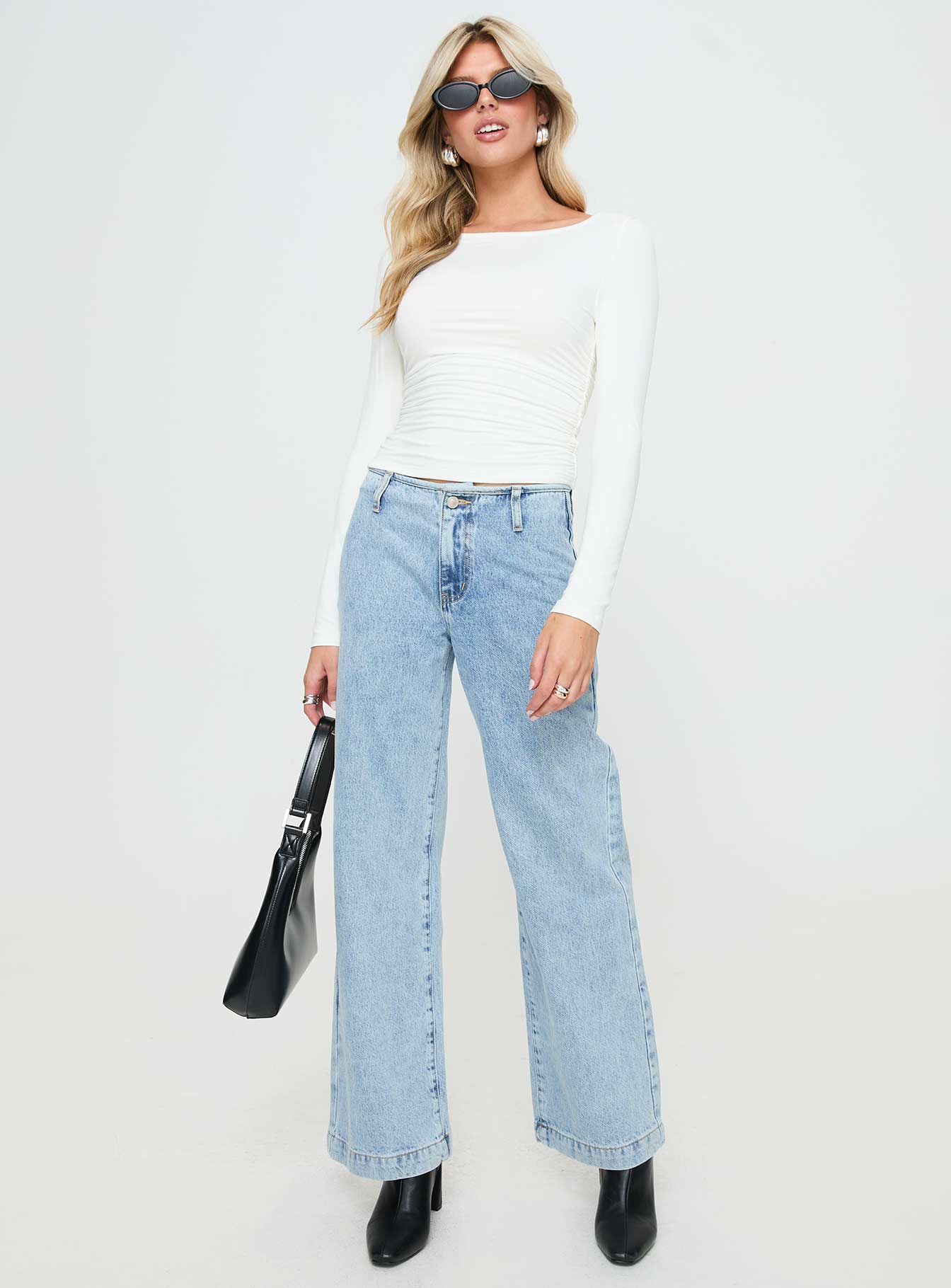 front view of model wearing Princess Polly Jakob Long Sleeve Top White Full Sleeves Scoop Neck 