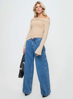 front view of model wearing Princess Polly Streep Off The Shoulder Top Beige Full Sleeves Asymmetric Neckline 