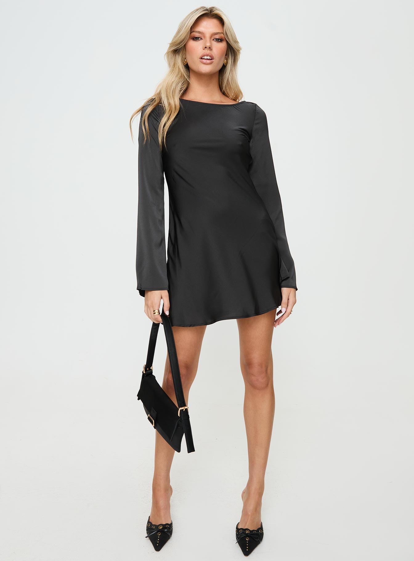 Lukea Long Sleeve Satin Mini Dress Black | Princess Polly Lukea Long Sleeve Satin Mini Dress Black | Princess Polly