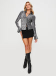 front view of model wearing Princess Polly Ondinie Long Sleeve Top Silver Full Sleeves V-Neck 