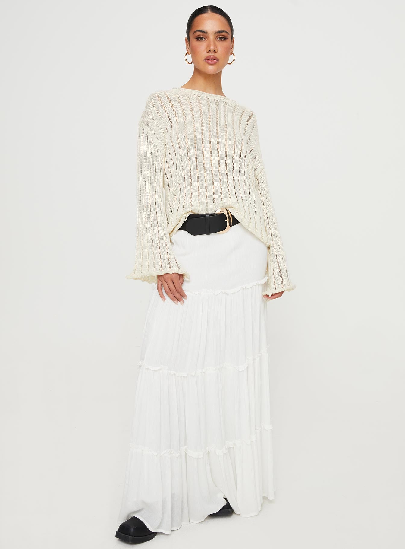 front view of model wearing Princess Polly Ambra Sweater Cream Long 