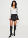 Top Long sleeve, floral lace material, sheer mesh sleeves, V-neckline  Good stretch, lined body 