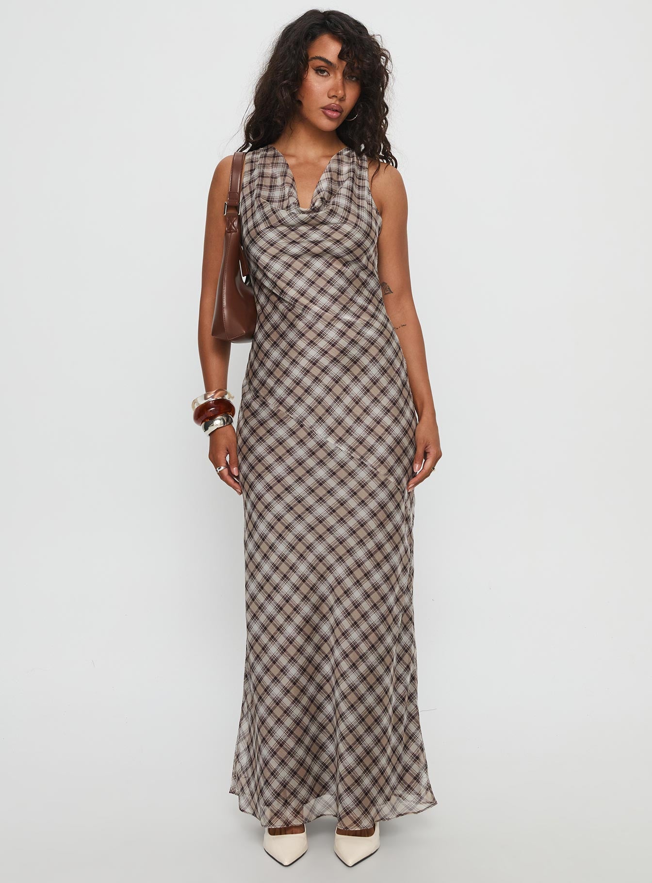 Veida Cowl Neck Maxi Dress Brown Check | Princess Polly