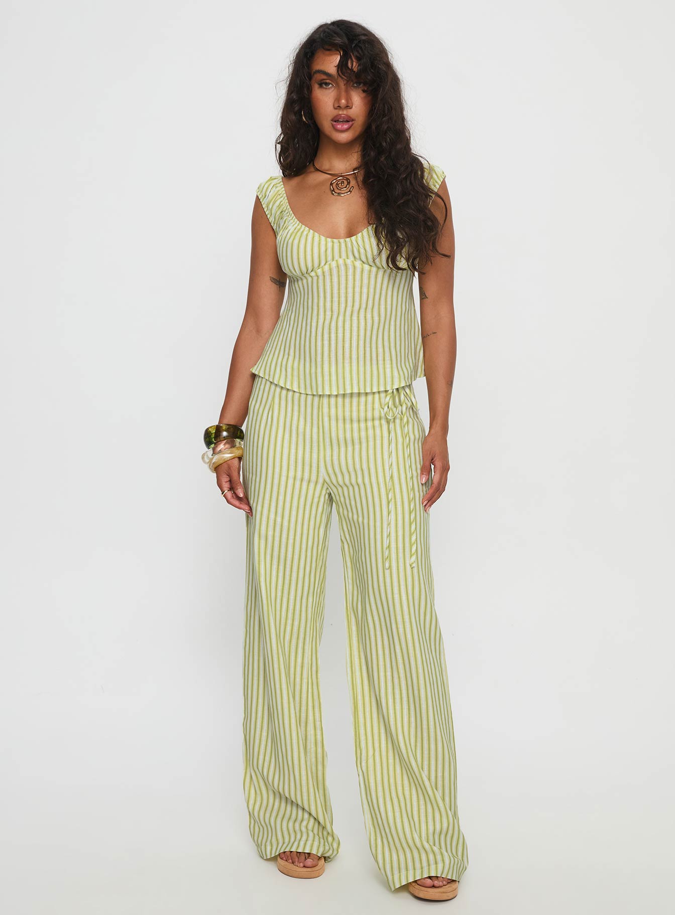 With Pleasure Tie Side Pant Green / Blue Stripe | Princess Polly