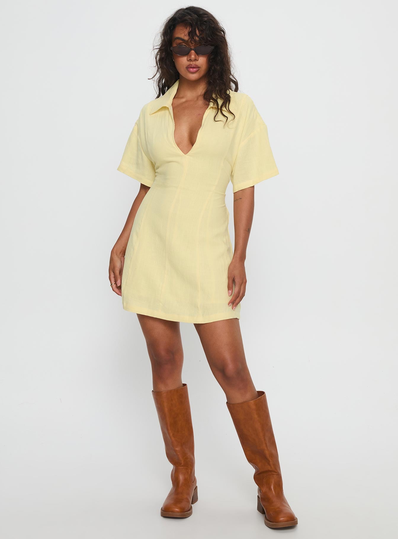 yellow dress princess polly Wylla V Neck Linen Mini Dress Yellow