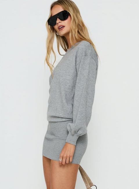 Latrina V Neck Long Sleeve Knit Mini Dress Dark Grey