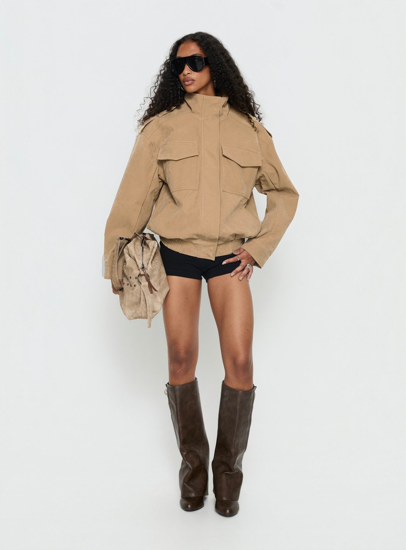 Double Life Funnel Neck Cargo Jacket Beige Petite