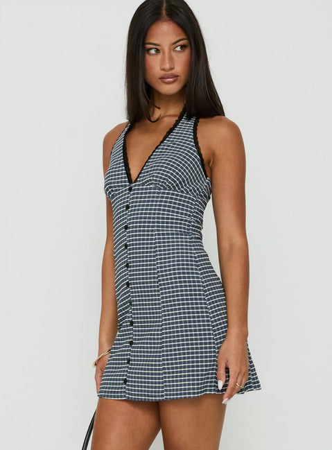 Fabrizia Halter Lace Trim Mini Dress Navy Check