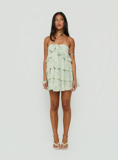Kalari Strapless Layered Mini Dress Soft Green