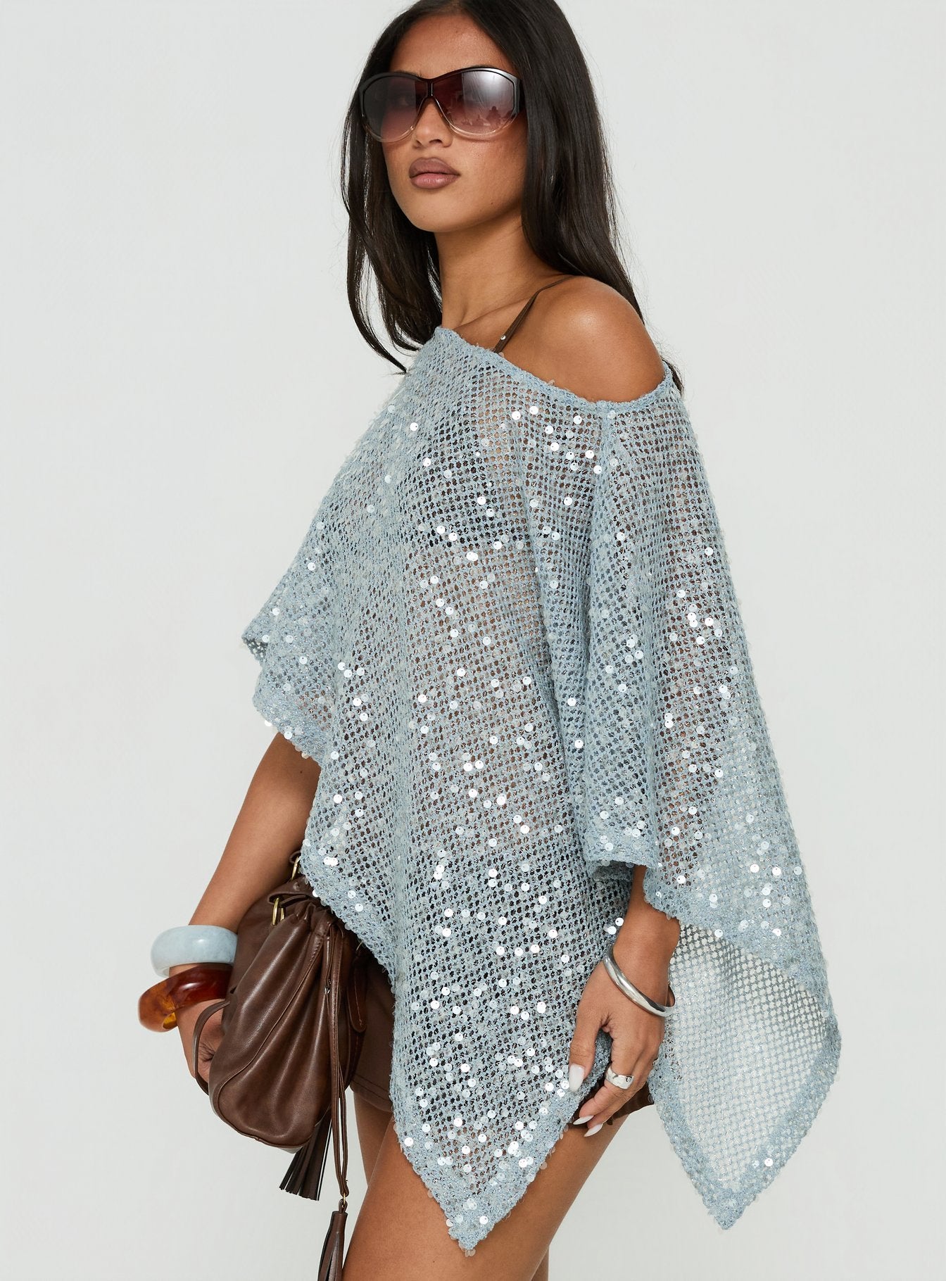 Grotto Asymmetrical Boat Neck Poncho Blue Sparkle
