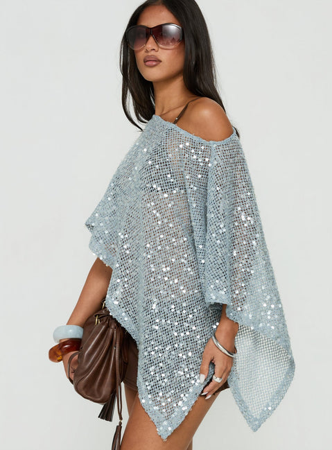 Grotto Asymmetrical Boat Neck Poncho Blue Sparkle