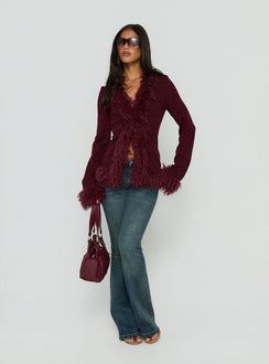 Brynlie Faux Fur Trim Boxy Cardigan Burgundy