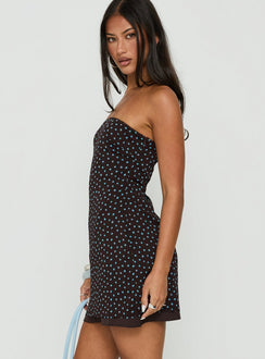 Isabettie Strapless Mini Dress Brown / Blue Polka Dot