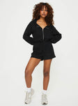 Hooded playsuit Zip fastening at front, drawstring waist, tie fastening, elasticated cuffs, twin hip pockets Slight stretch, unlined 