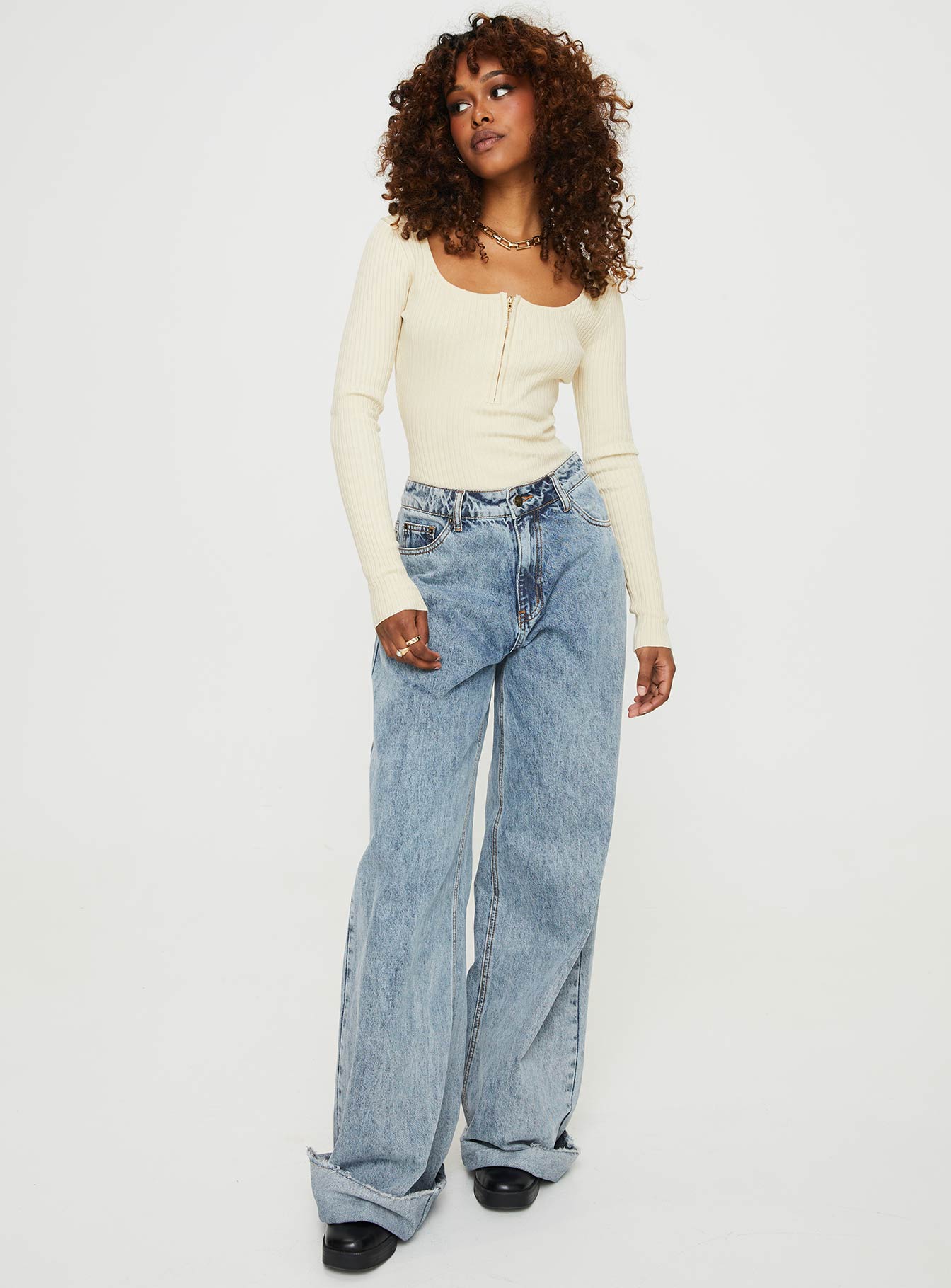 front view of model wearing Princess Polly Zuma Long Sleeve Bodysuit Beige Full Sleeves 