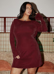 front view of model wearing Princess Polly Leshner Long Sleeve Mini Dress Burgundy Curve 