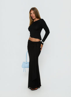   side view of model wearing Princess Polly Caviar Tie Maxi Skirt Black Maxi Skirts Skirts 