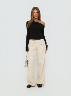 front view of model wearing Princess Polly Lifetimes Mid Rise Wide Leg Cargo Jeans Cream Mid Rise Jeans Jeans 