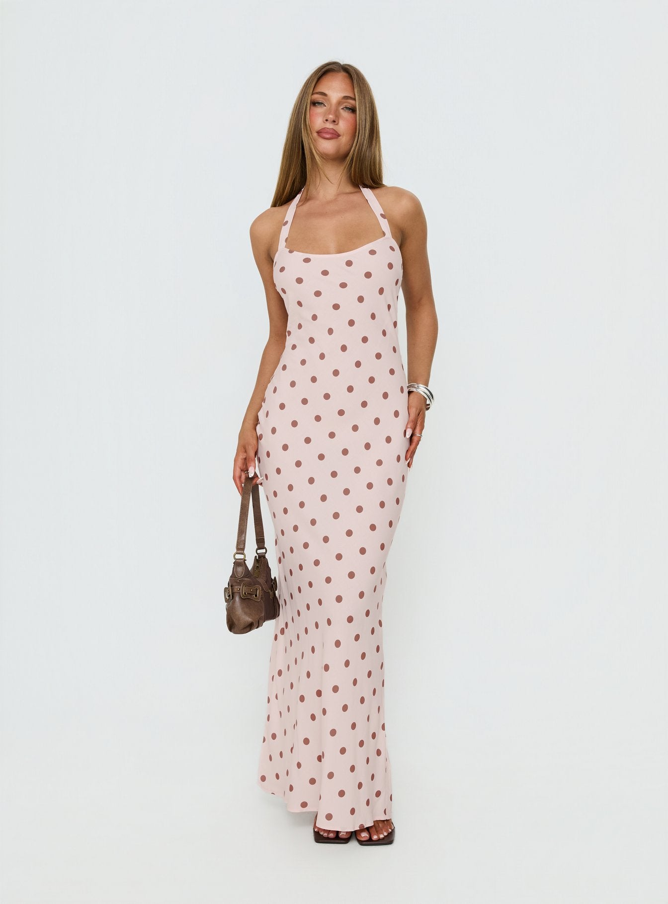 Picante Bias Cross Back Maxi Dress Pink Polka