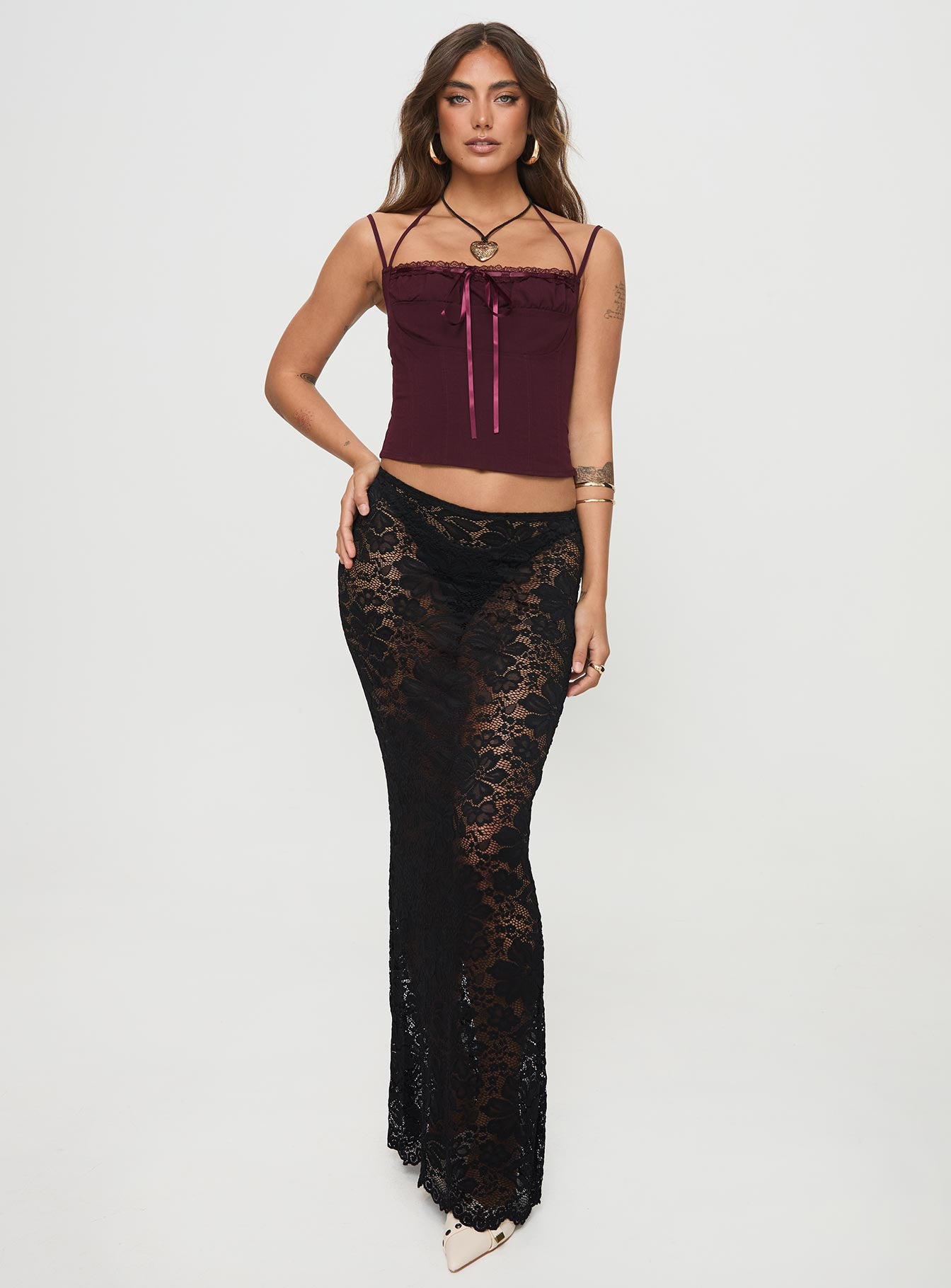 back view of model wearing Princess Polly Trynia Top Burgundy Sleeveless Square Neck 